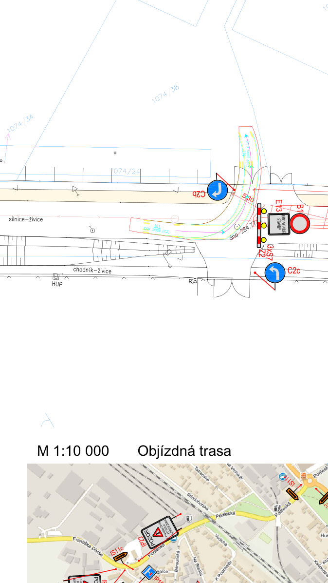 Situační nákres dopravního značení a mapa objízdné trasy. V horní části je technický výkres s označením dopravních značek (B1, E13, C2c, C3b) a popisem 'silnice-živice', 'chodník-živice', 'HUP', 'RIS', 'dno 284.77'. V dolní části je mapa s měřítkem 1:10 000 a nadpisem 'Objízdná trasa', zobrazující ulice (Tatranská, Středohorská, Podleská, Vodická, Františka Diviše, Berounská, Na Blance, K Podchodu) a dopravní značení (IS11c, IP22, IS11).