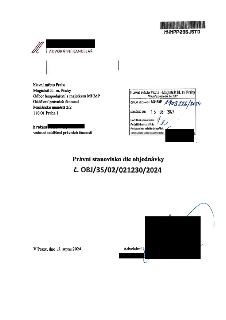 Právní stanovisko dle objednávky č. OBJ/35/02/021230/2024. Adresát: Hlavní město Praha, Magistrát hl. m. Prahy, Odbor hospodaření s majetkem MHMP, Oddělení prá…