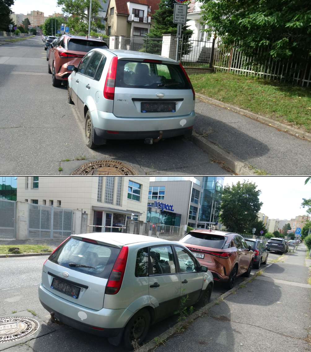 Fotografie dokumentující parkování vozidel na ulici. Na horním snímku je vidět dopravní značka s textem: 'MIMO VOZIDEL RODIČŮ ŽÁKŮ ŠKOLY NOVÝ PORG MAX. 15 MIN'. Na dolním snímku je v pozadí vidět budova s nápisem 'Respect'.