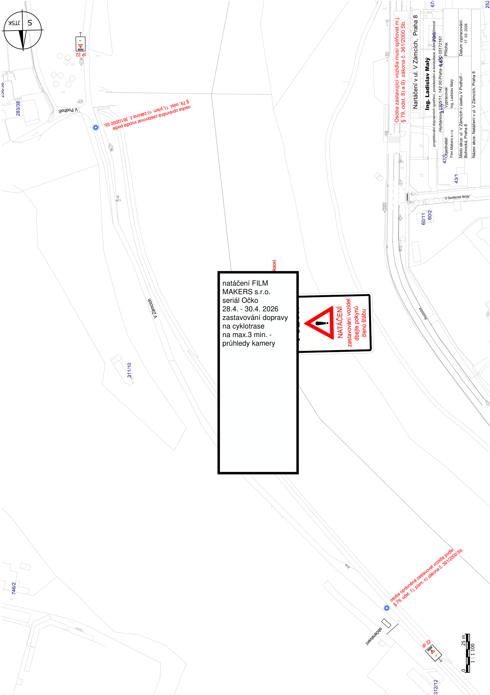 Situační nákres dopravního opatření pro natáčení filmu v ulici V Zámcích.