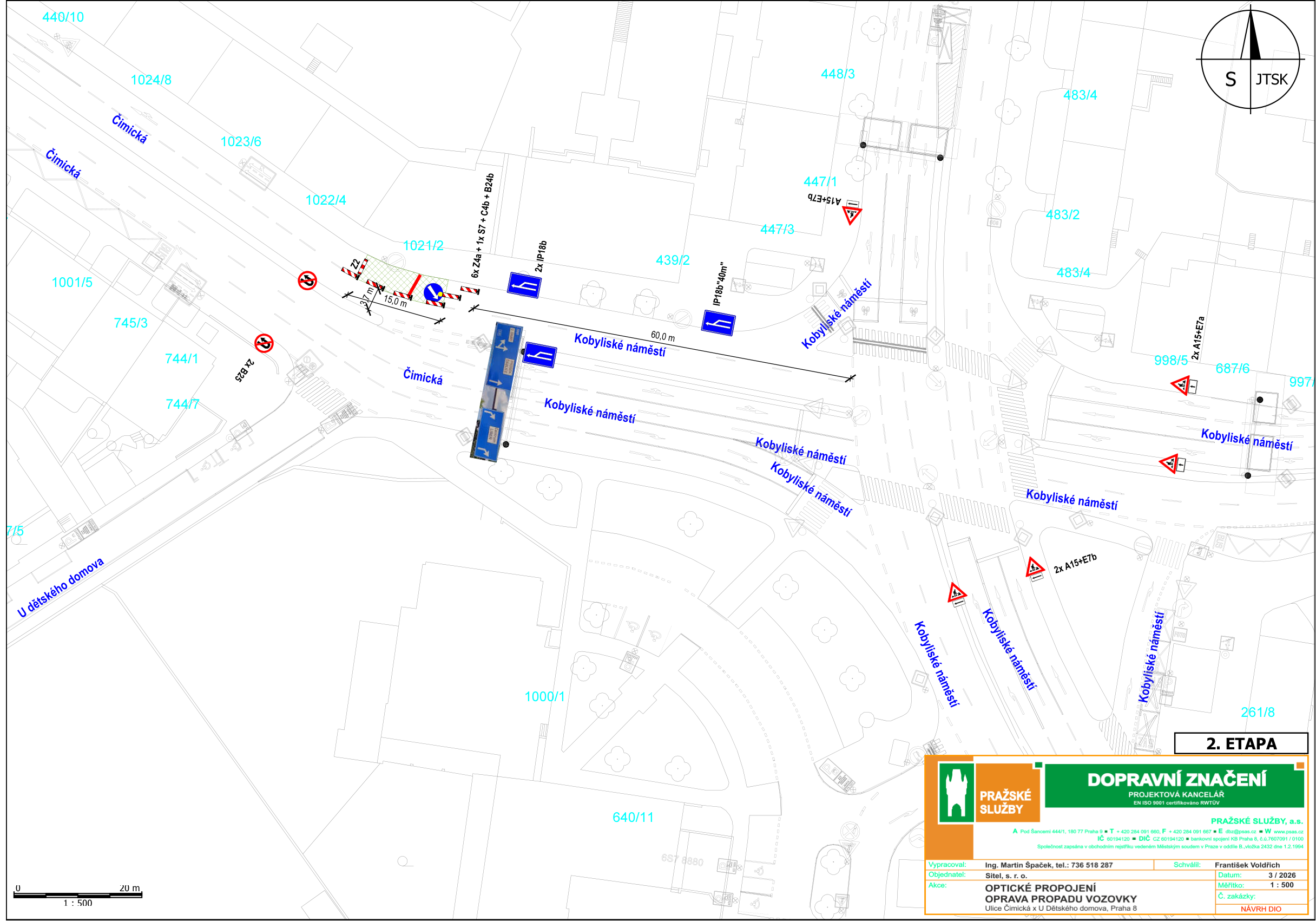 Situační nákres dopravního značení pro opravu propadu vozovky v ulici Čimická a u Dětského domova.