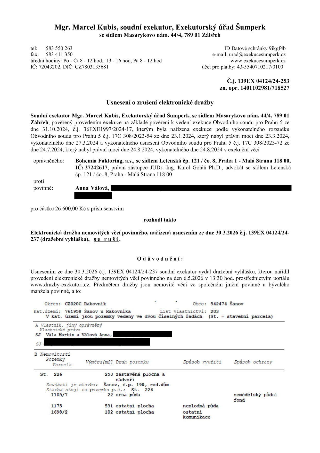 Usnesení o zrušení elektronické dražby, vydal soudní exekutor Mgr. Marcel Kubis, Exekutorský úřad Šumperk. Č.j. 139EX 04124/24-253. Oprávněný: Bohemia Faktoring, a.s., povinný: Anna Válová. Předmětem zrušené dražby byly nemovité věci v k.ú. Šanov u Rovníka, LV 203: St. 226 (zastavěná plocha a nádvoří, součástí je stavba č.p. 190), 1105/7 (orná půda) a 1698/2 (ostatní plocha).