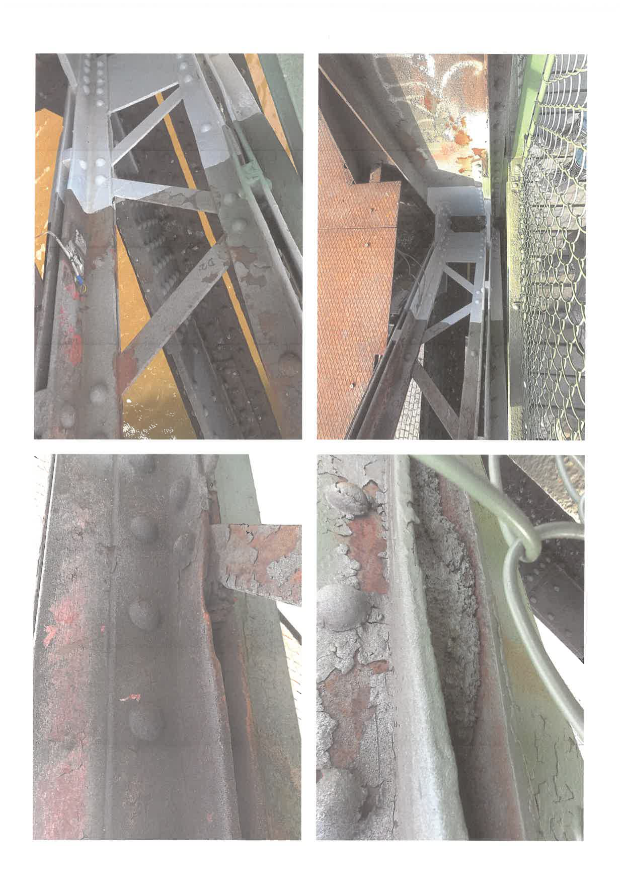 Fotodokumentace technického stavu ocelové konstrukce mostu, zachycující korozi, degradaci nátěru a detaily spojů. Na levém horním snímku je na ocelovém nosníku patrný nápis 'D2'.