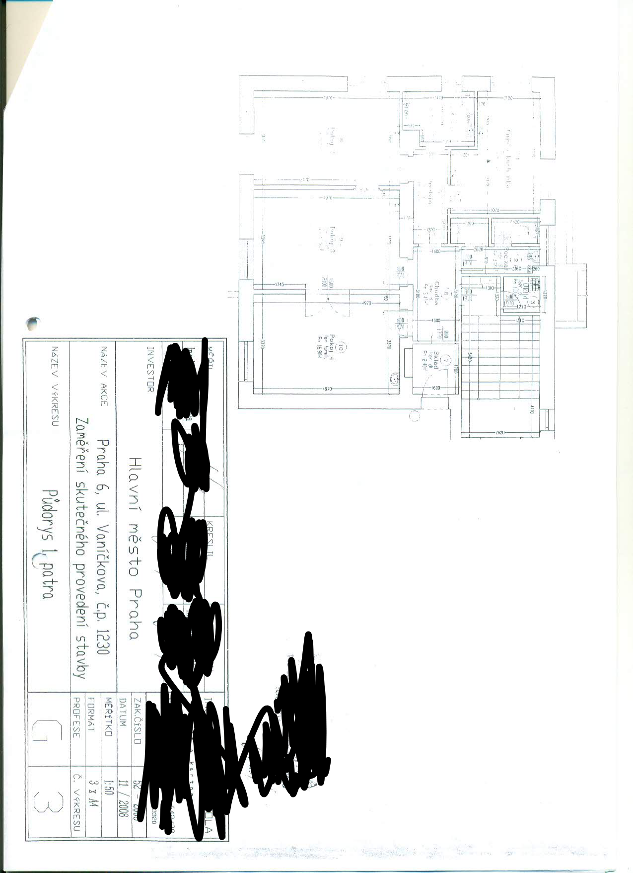 Stavební výkres: Půdorys 1. patra. Investor: Hlavní město Praha. Název akce: Zaměření skutečného provedení stavby, Praha 6, ul. Vaníčkova, č.p. 1230. Datum: 11/2008, měřítko: 1:50, formát: 3 x A4, číslo výkresu: G 3. V plánu jsou označeny místnosti: (3) Úklid, (6) Chodba, (7) Sklad, (9) Pokoj 3, (10) Pokoj 4.