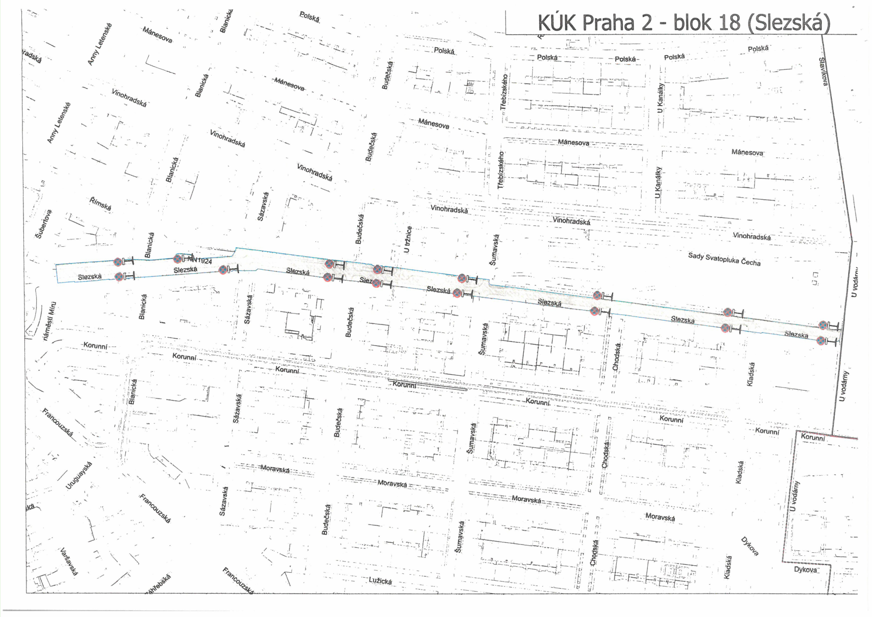 Koordinační situační výkres (blok 18) znázorňující uliční síť a vedení inženýrských sítí či plánovanou výstavbu v oblasti Slezské ulice v Praze.