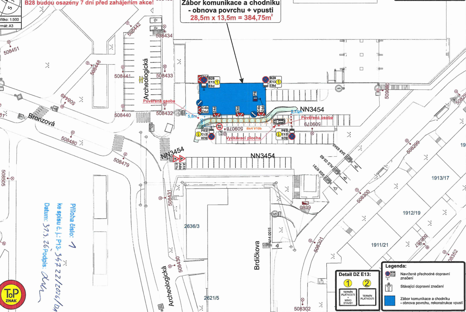 Situační nákres záboru komunikace a chodníku pro účely rekonstrukce povrchu a vpusti.