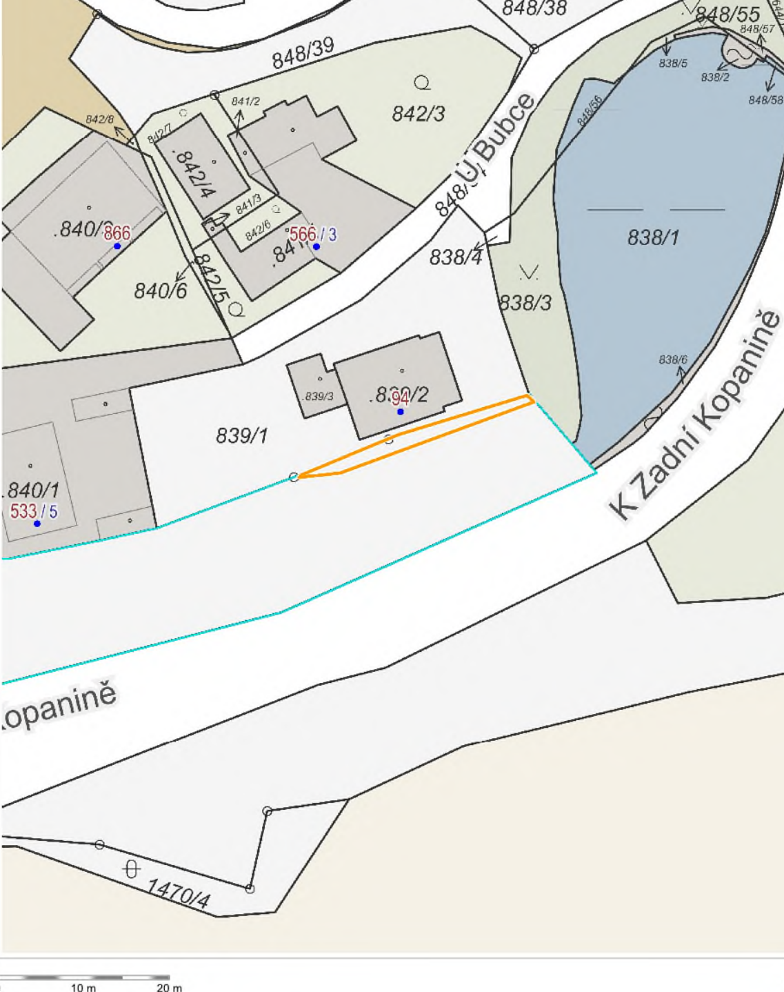 Výřez katastrální mapy se zvýrazněnými pozemky a parcelními čísly.