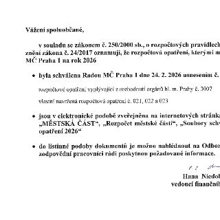 Oznámení pro občany od MČ Praha 1 ohledně rozpočtových opatření pro rok 2026. Dokument uvádí, že v souladu se zákonem č. 250/2000 Sb. byla Radou MČ Praha 1 dne…