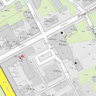 Katastrální mapa zobrazující oblast kolem ulic Pospíšilova, Na Střezině, Okružní a Orlická, včetně čísel popisných a parcelních (např. Penny Market, parcely 15…