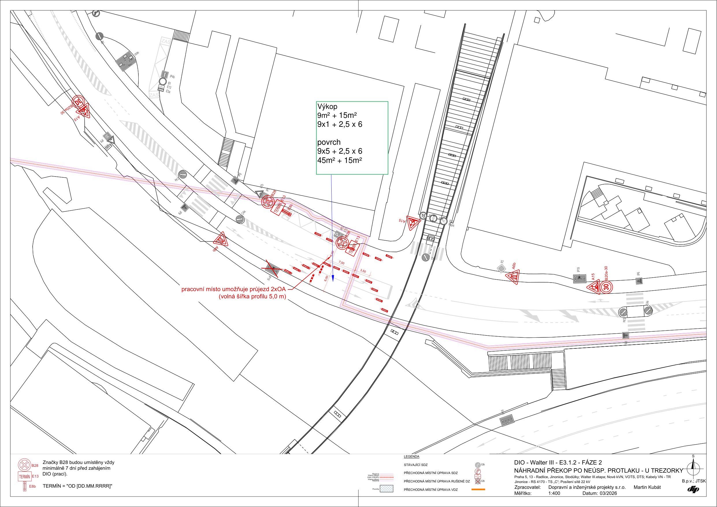 Projektová dokumentace DIO (Dopravně inženýrské opatření) - Walter III - E3.1.2 - FÁZE 2: NÁHRADNÍ PŘEKOP PO NEÚSP. PROTLAKU - U TREZORKY. Lokalita: Praha 5, 13 - Radlice, Jinonice, Stodůlky; Walter III. etapa. Nové kVN, VOTS, DTS; Kabely VN - TR Jinonice - RS 4170 - TS „C“; Posílení sítě 22 kV. Zpracovatel: Dopravní a inženýrské projekty s.r.o., Martin Kubát. Datum: 03/2026. Měřítko: 1:400. Obsahuje situační nákres dopravního značení a výkopových prací. Poznámky: 'pracovní místo umožňuje průjezd 2xOA (volná šířka profilu 5,0 m)', 'Značky B28 budou umístěny vždy minimálně 7 dní před zahájením DIO (prací)', 'TERMÍN = OD [DD.MM.RRRR]'. Výpočty v rámečku: Výkop 9m² + 15m² = 9x1 + 2,5 x 6; povrch 9x5 + 2,5 x 6 = 45m² + 15m².
