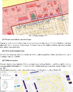 Obr. 1 Soulad záměru s ÚP, texty paragrafů §23 Prostor mezi uliční a stavební čarou, §24 Prvky před stavební čarou, §25 Výšková regulace a mapa území s legendo…