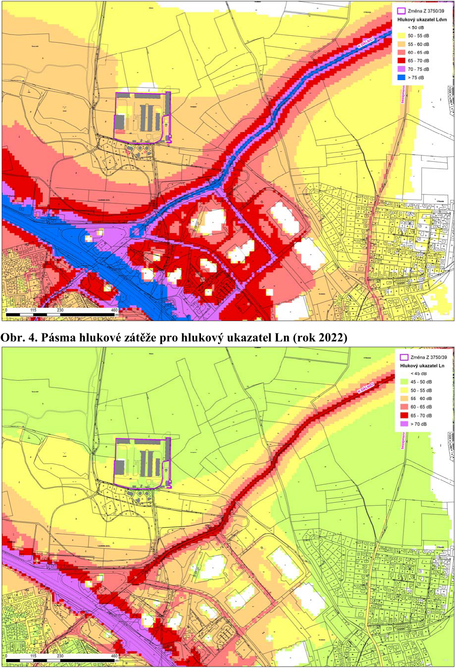 Dvě mapy hlukové zátěže v okolí dálnice a průmyslové zóny. Horní mapa: Pásma hlukové zátěže pro hlukový ukazatel Ldvn (rok 2022). Legenda: Změna Z 3750/39, < 50 dB, 50-55 dB, 55-60 dB, 60-65 dB, 65-70 dB, 70-75 dB, > 75 dB. Dolní mapa: Obr. 4. Pásma hlukové zátěže pro hlukový ukazatel Ln (rok 2022). Legenda: Změna Z 3750/39, < 45 dB, 45-50 dB, 50-55 dB, 55-60 dB, 60-65 dB, 65-70 dB, > 70 dB. V mapách je vyznačen měřítkový úsek 0, 115, 230, 460 metrů.