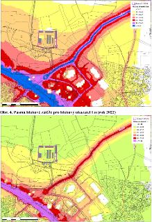 Dvě mapy hlukové zátěže v okolí dálnice a průmyslové zóny. Horní mapa: Pásma hlukové zátěže pro hlukový ukazatel Ldvn (rok 2022). Legenda: Změna Z 3750/39, < 5…