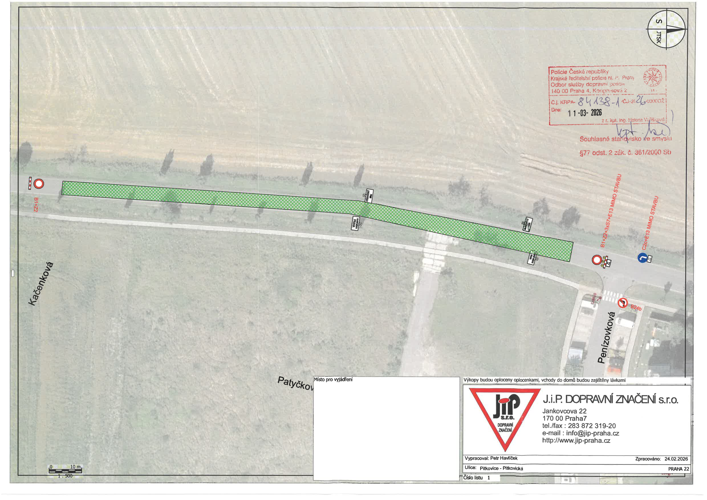 Situační nákres dopravního značení pro uzavírku silnice v ulici Pitkovická.