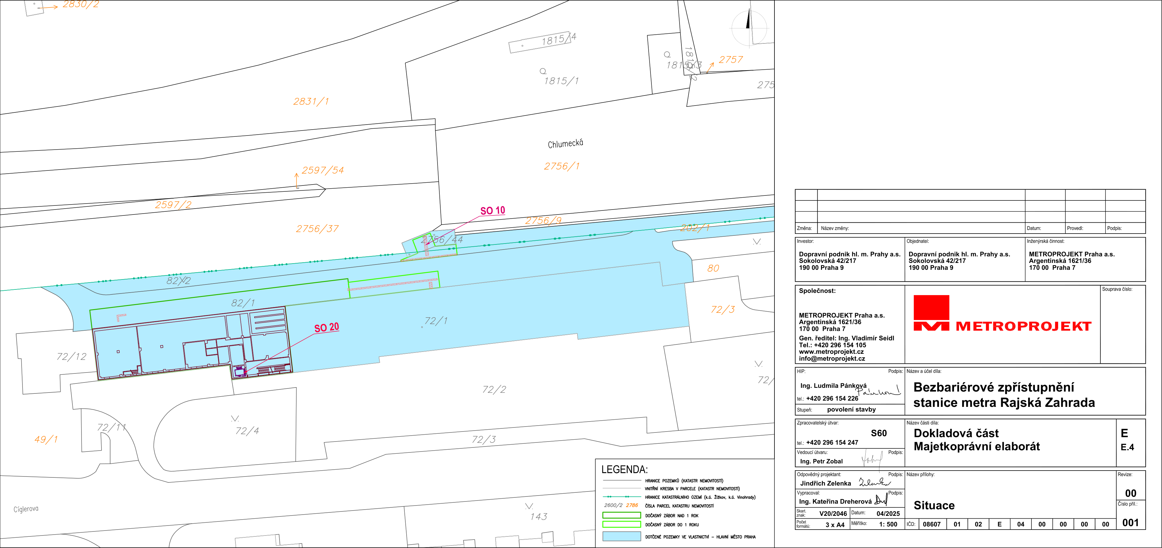 Situační nákres stavby bezbariérového zpřístupnění stanice metra Rajská Zahrada s katastrální mapou.