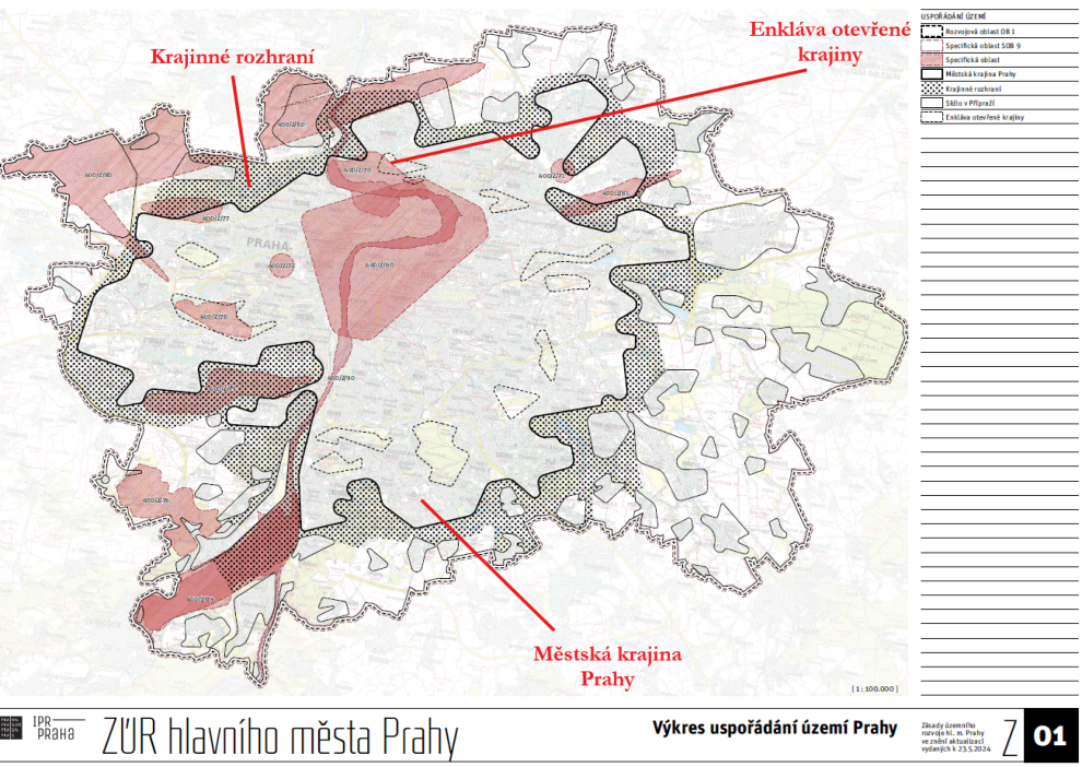Mapa 'ZÚR hlavního města Prahy', výkres uspořádání území Prahy, stav k 23. 5. 2024. Legenda obsahuje kategorie: Rozvojová oblast OB 1, Specifická oblast SOB 9, Specifická oblast, Městská krajina Prahy, Krajinné rozhraní, Sídlo v Přípraží, Enkláva otevřené krajiny. V mapě jsou vyznačeny oblasti: 'Krajinné rozhraní', 'Enkláva otevřené krajiny' a 'Městská krajina Prahy'. Měřítko 1:100 000. Dokument vydal IPR Praha.