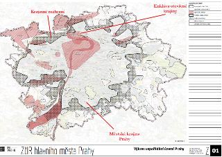 Mapa 'ZÚR hlavního města Prahy', výkres uspořádání území Prahy, stav k 23. 5. 2024. Legenda obsahuje kategorie: Rozvojová oblast OB 1, Specifická oblast SOB 9,…