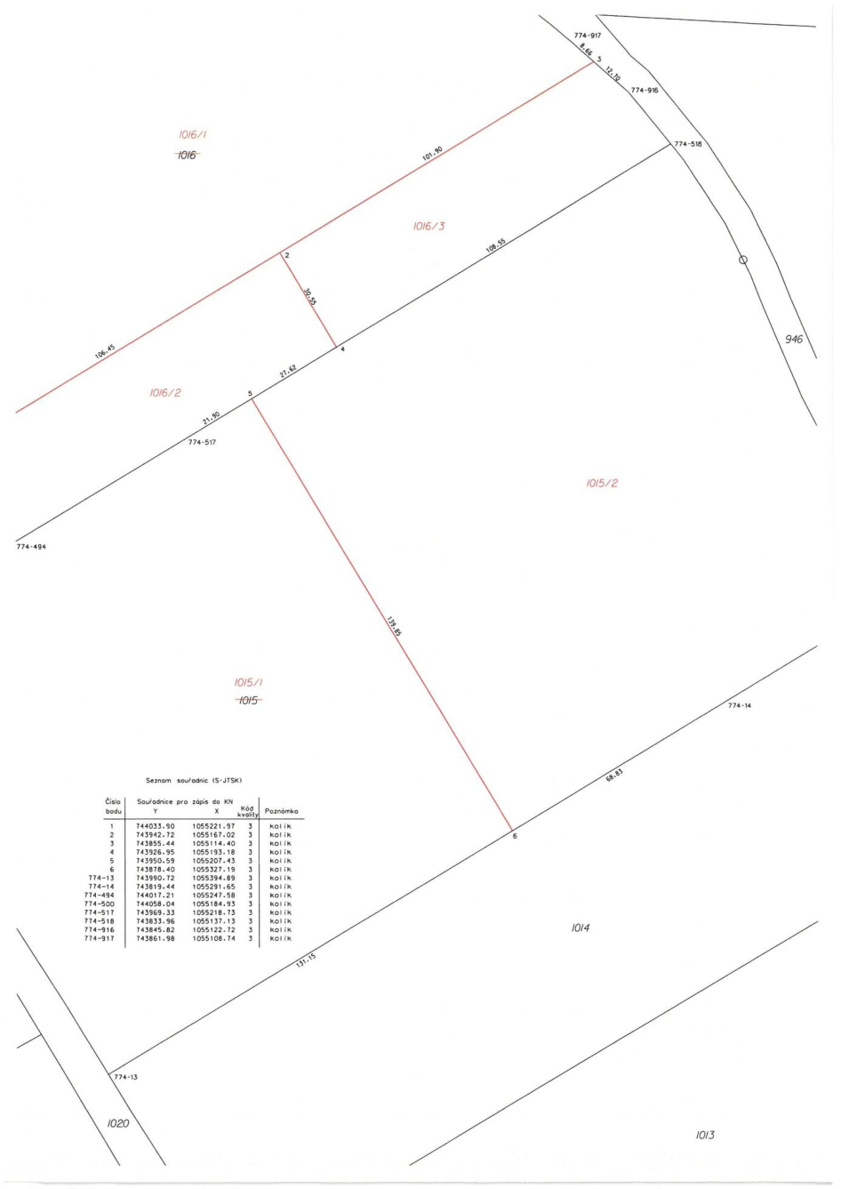 Geometrický plán znázorňující rozdělení pozemků. Obsahuje parcelní čísla: 1016/1, 1016, 1016/3, 1016/2, 1015/1, 1015, 1015/2, 1014, 1020, 1013, 946 a čísla bodů 774-917, 774-916, 774-518, 774-517, 774-494, 774-13, 774-14, 774-500. V plánu jsou vyznačeny délky úseků (např. 101.90, 108.55, 39.55, 21.62, 21.90, 139.85, 68.83, 131.15). Součástí je tabulka 'Seznam souřadnic (S-JTSK)' obsahující čísla bodů (1-6, 774-13 až 774-917), jejich souřadnice Y a X, kód kvality 3 a poznámku 'kolík'.