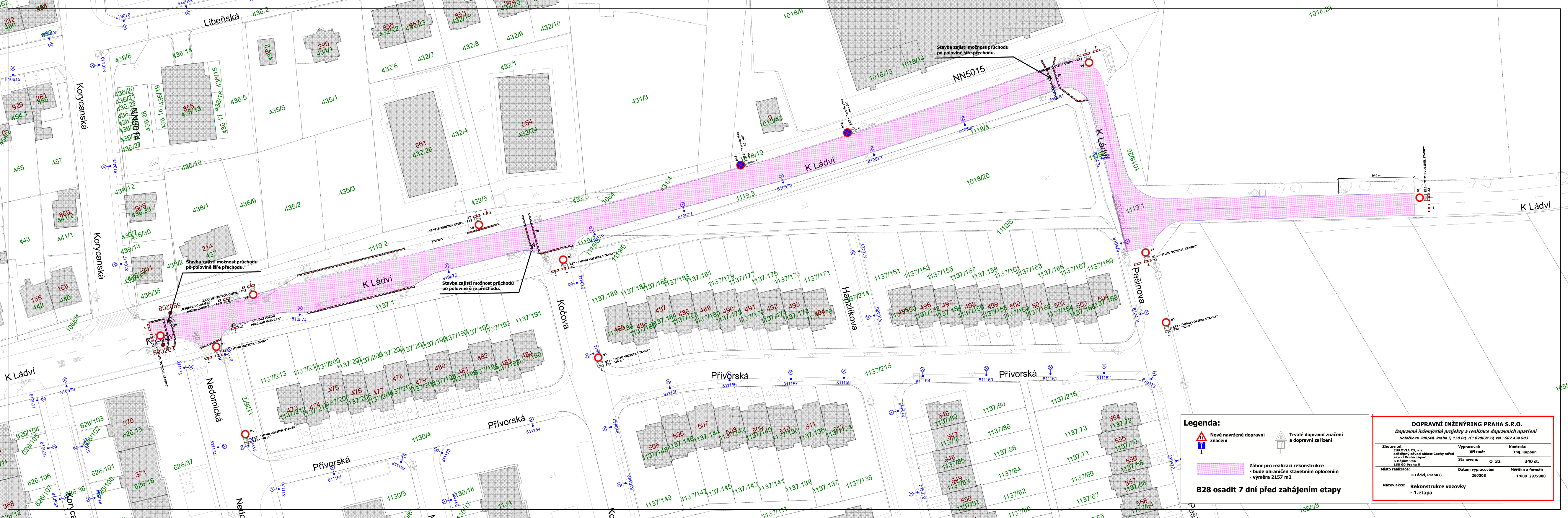 Koordinační situační výkres dopravního značení a rekonstrukce vozovky v ulici K Ládví.