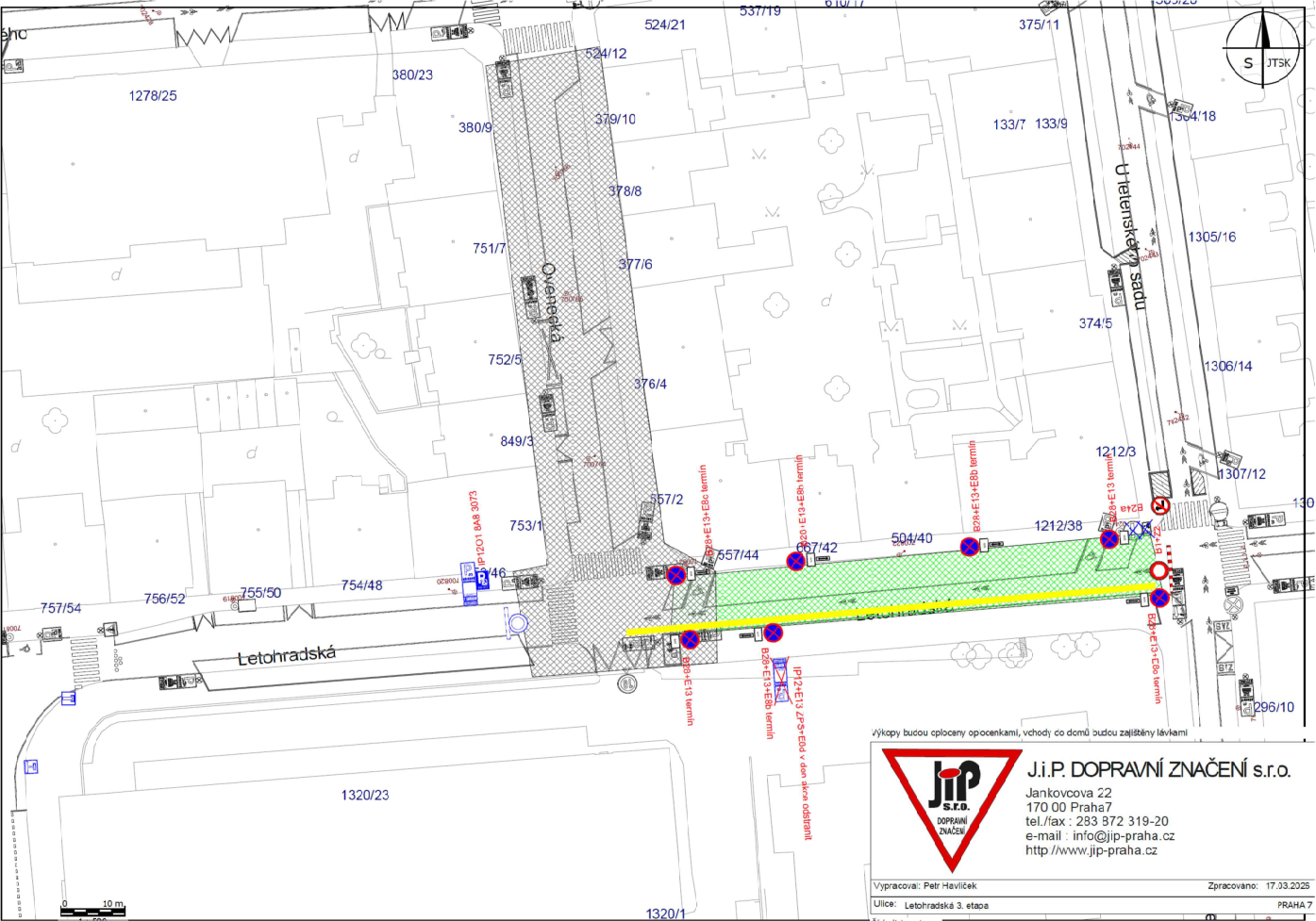 Situační nákres dopravního značení v ulici Letohradská, Praha 7.