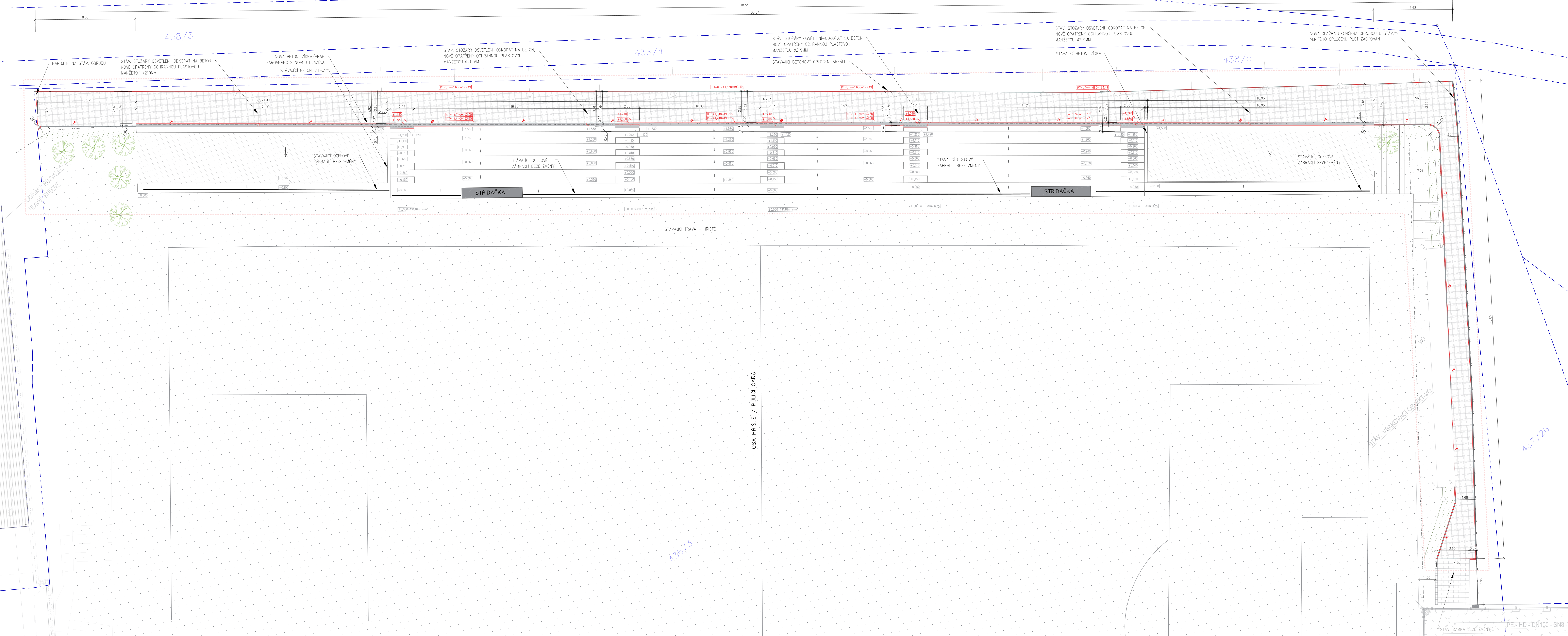 Koordinační situační výkres stavby v katastrálním území zahrnující parcely č. 438/3, 438/4 a 438/5.