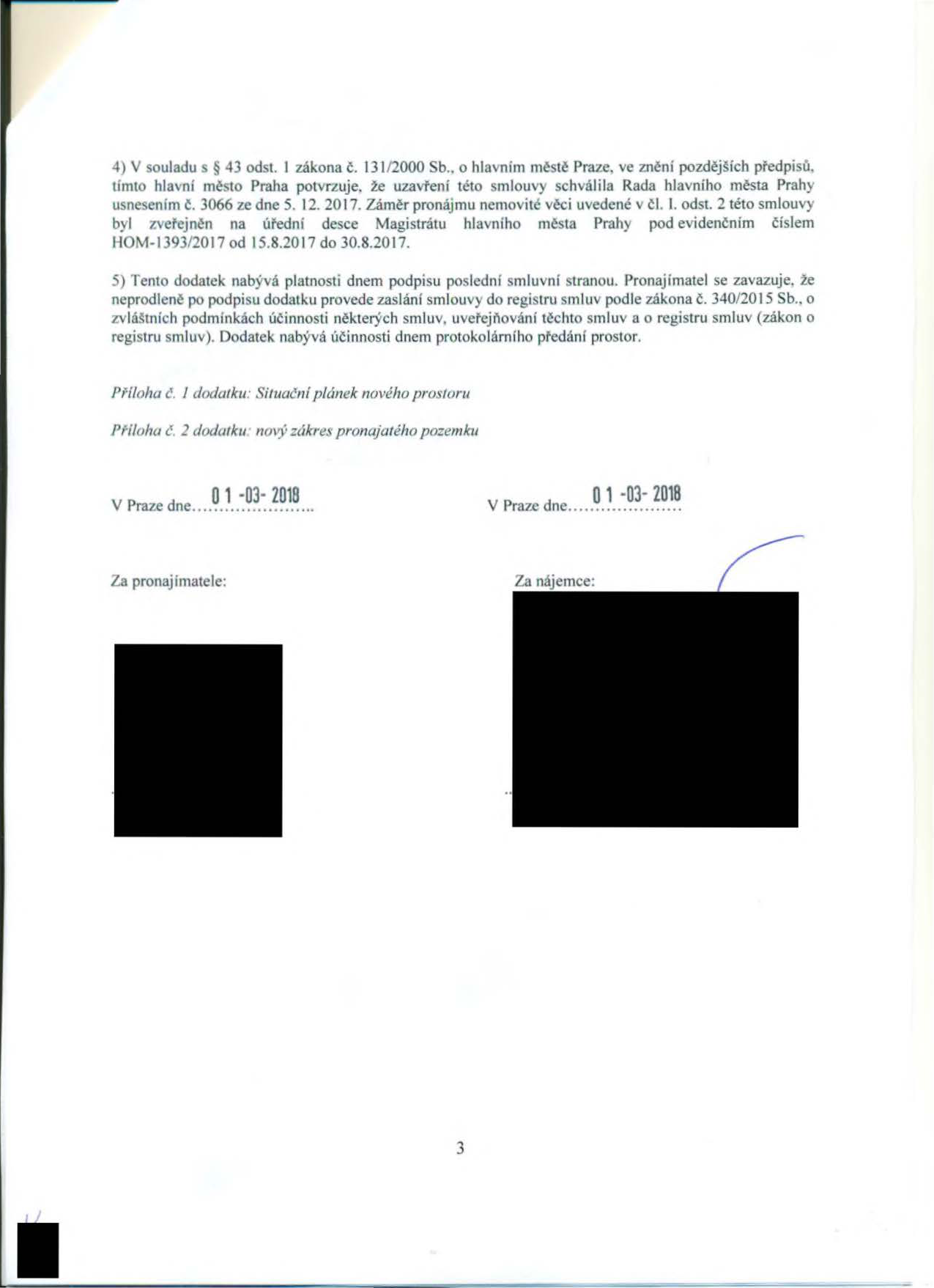 Závěrečná část právního dokumentu (dodatku ke smlouvě). Bod 4: Potvrzení o schválení Radou hlavního města Prahy usnesením č. 3066 ze dne 5. 12. 2017, záměr zveřejněn na úřední desce pod č. HOM-1393/2017 od 15. 8. 2017 do 30. 8. 2017. Bod 5: Ustanovení o nabytí platnosti dnem podpisu a povinnosti zveřejnění v registru smluv dle zákona č. 340/2015 Sb. Přílohy: 1. Situační plánek nového prostoru, 2. Nový zákres pronajatého pozemku. Datum podpisu: 01-03-2018. Místo: Praha.