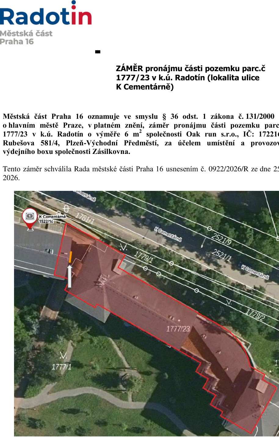 Ortofoto mapa s vyznačeným pozemkem parc. č. 1777/23 v k.ú. Radotín.