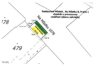 Situační nákres / plán rozšíření záboru zahrádky u provozovny Restaurant Můstek, Na Můstku 8, Praha 1, na chodníku u provozovny, Na Můstku 1078. Jsou vyznačeny…