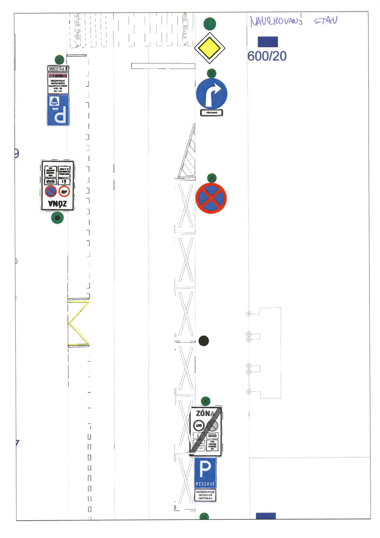 Dopravní schéma (situační nákres) s návrhem dopravního značení.