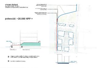 VÝKRES ŘEŠENÍ, SOUTISK ÚZEMNÍ STUDIE + OBJEMOVÁ STUDIE QARTA ARCHITEKTURA. Potenciál: ~20.000 HPP +. Popis prvků v mapě: stávající protipovodňová stěna na poze…