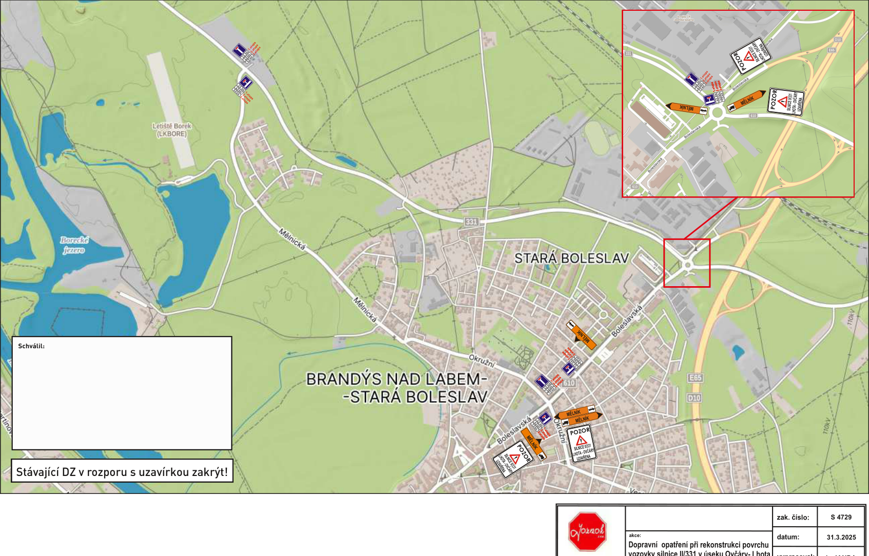 Situační nákres dopravního značení a objízdných tras při rekonstrukci silnice II/331 v Brandýse nad Labem-Staré Boleslavi.