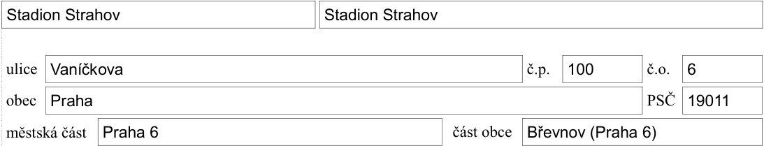 Adresní údaje: Stadion Strahov, ulice Vaníčkova, č.p. 100, č.o. 6, obec Praha, PSČ 19011, městská část Praha 6, část obce Břevnov (Praha 6).
