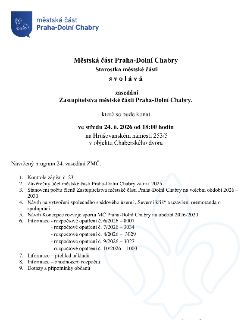 Pozvánka na 24. zasedání Zastupitelstva městské části Praha-Dolní Chabry. Datum konání: středa 24. 6. 2026 od 18:00 hodin. Místo konání: Hrušovanské náměstí 25…