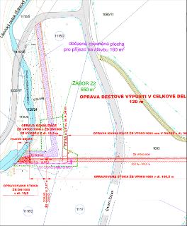 Situační plán a stavební nákres pro projekt opravy kanalizace a dešťové výpusti. Zahrnuje: 'dočasně zpevněná plocha pro příjezd na stavbu 160 m²', 'ZÁBOR Z2 55…