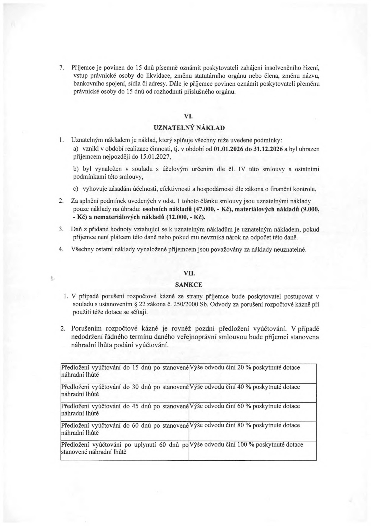 Výňatek ze smlouvy o dotaci. Článek VI. UZNATELNÝ NÁKLAD: 1. Podmínky uznatelnosti: a) období 01.01.2026–31.12.2026, uhrazeno do 15.01.2027, b) v souladu s účelem smlouvy, c) zásady účelnosti, efektivnosti a hospodárnosti. 2. Uznatelné náklady: osobní náklady (47.000 Kč), materiálové náklady (9.000 Kč), nemateriálové náklady (12.000 Kč). 3. DPH je uznatelným nákladem, pokud příjemce není plátcem nebo mu nevzniká nárok na odpočet. 4. Ostatní náklady jsou neuznatelné. Článek VII. SANKCE: 1. Porušení rozpočtové kázně dle zákona č. 250/2000 Sb. 2. Sankce za pozdní předložení vyúčtování (odvody z dotace): do 15 dnů po náhradní lhůtě 20 %, do 30 dnů 40 %, do 45 dnů 60 %, do 60 dnů 80 %, po 60 dnech 100 %.
