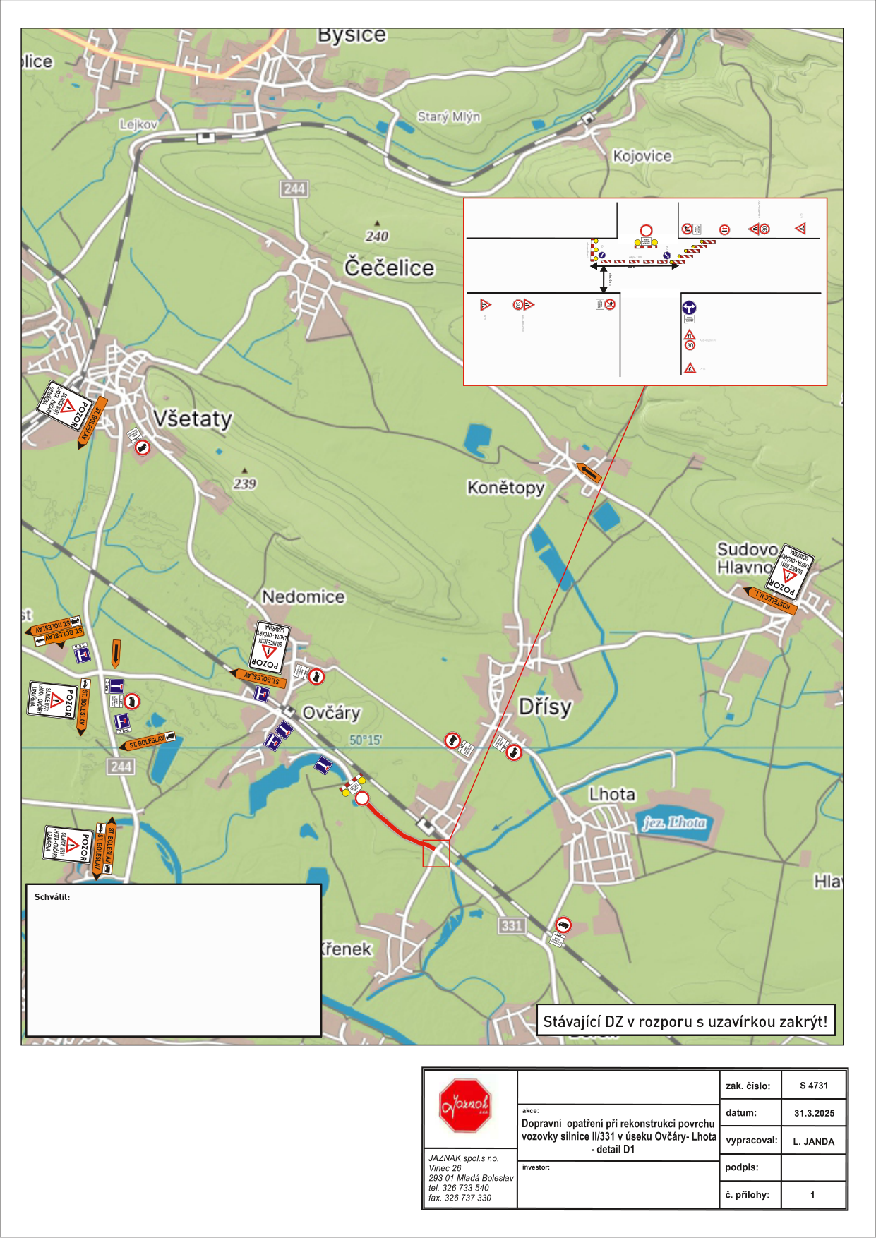Dopravně-inženýrské opatření a situační plán uzavírky silnice II/331 v úseku Ovčáry – Lhota.