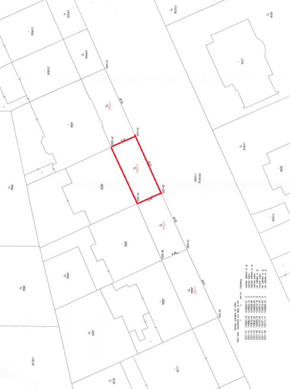 Katastrální mapa s vyznačenou parcelou č. 1588/3 (zvýrazněna červeným rámečkem). V mapě jsou uvedena čísla parcel (např. 1579/1, 1584, 1589, 1590, 1591, 1594/2, 1594/7, 1639, 1640/1, 2955/1) a čísla bodů (např. 2221-41 až 2221-48). V pravém dolním rohu je tabulka 'Seznam souřadnic (S-JTSK)' obsahující čísla bodů (2221-41 až 2221-48), souřadnice Y a X, kód kvality (3) a poznámku 'roh zděné st. pl.' nebo 'roh zděné budov'.