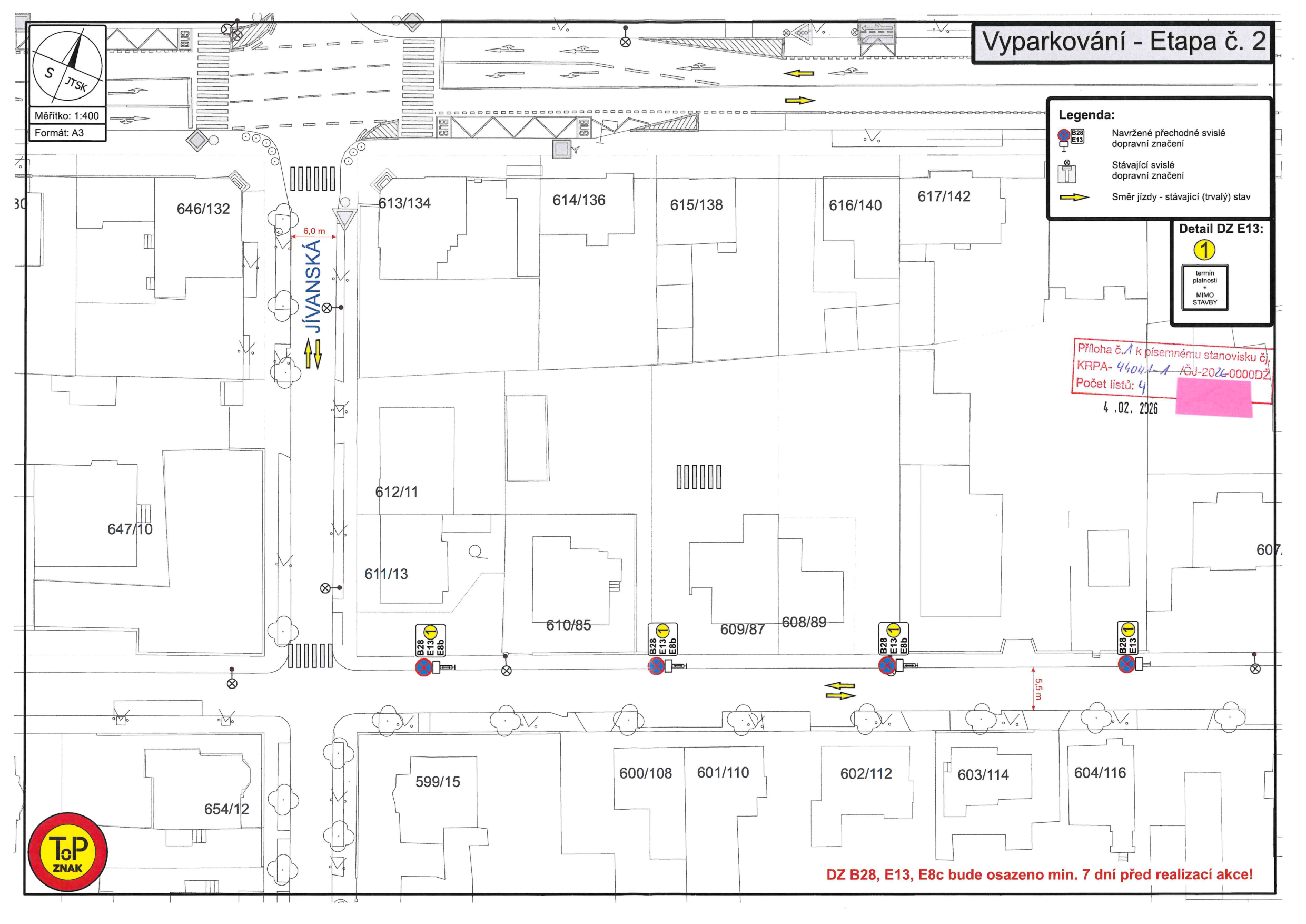 Situační nákres dopravního značení pro etapu vyparkování (přechodné značení).