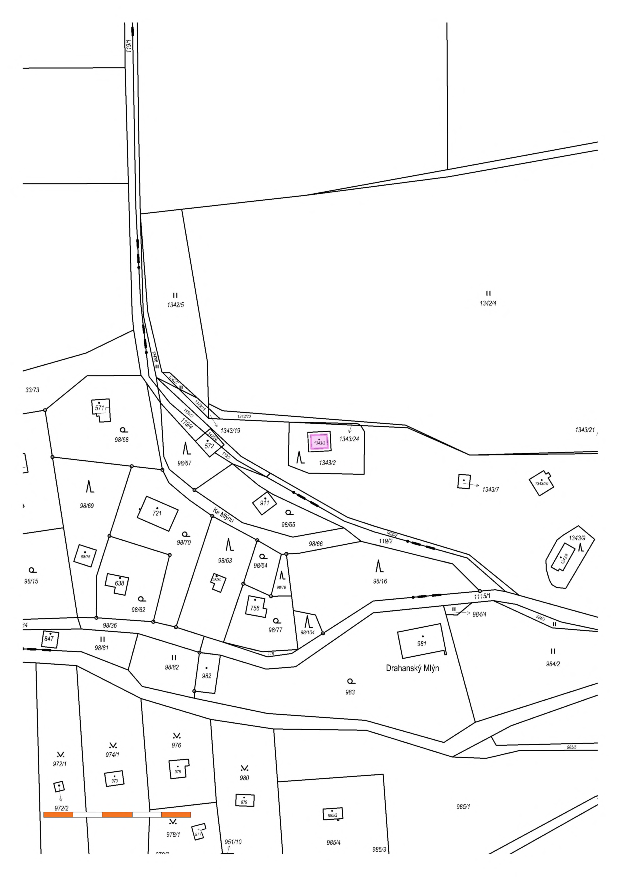 Katastrální mapa zobrazující parcely v oblasti Drahanský Mlýn. Zobrazená čísla parcel zahrnují mimo jiné: 119/1, 119/2, 119/4, 1342/4, 1342/5, 1343/2, 1343/7, 1343/9, 1343/19, 1343/24, 98/15, 98/16, 98/35, 98/63, 98/64, 98/65, 98/66, 98/67, 98/68, 98/69, 98/70, 98/77, 98/78, 98/81, 98/82, 98/104, 972/1, 972/2, 974/1, 978/1, 984/2, 984/4, 985/1, 985/3, 985/4, 985/5. V mapě je vyznačena ulice 'Ke Mlýnu' a objekt 'Drahanský Mlýn'. Jedna z parcel (1343/2) obsahuje zvýrazněný obdélníkový objekt (pravděpodobně stavbu).