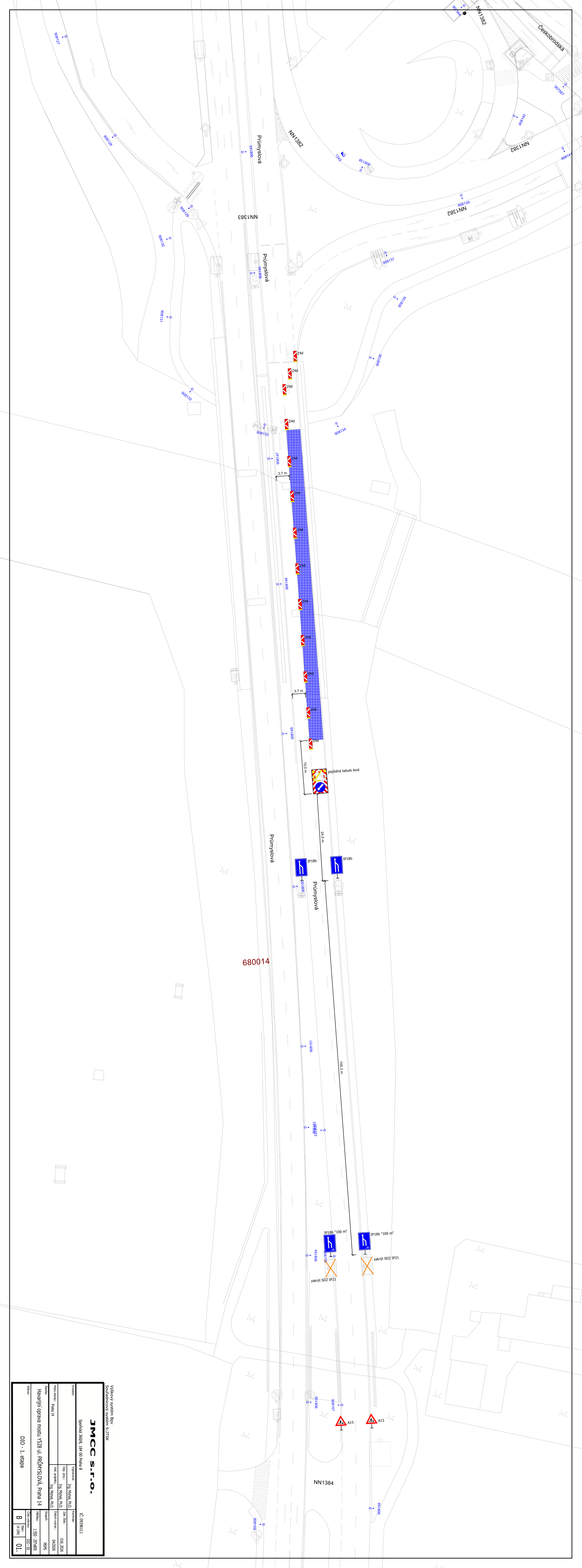 Plán dopravního značení pro uzavírku ulice Průmyslová. Dokument obsahuje situační nákres dopravního omezení, včetně umístění dopravních značek (zákaz vjezdu, přikázaný směr objíždění, výstražné značky) a vymezení uzavřeného úseku modrou barvou. V pravém dolním rohu je tabulka s informacemi: JMCC S.R.O., projekt 'Veřejná správa města HZS hl. m. PRAHY, PRAHA 14', datum 05. 2024, měřítko 1:500, číslo výkresu DIO - 1. etapa.