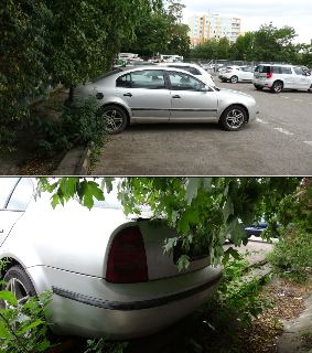 Fotografie stříbrného osobního automobilu (Škoda Superb první generace) parkujícího na parkovišti u okraje zeleně a keřů, zachyceno ze dvou různých úhlů (boční…