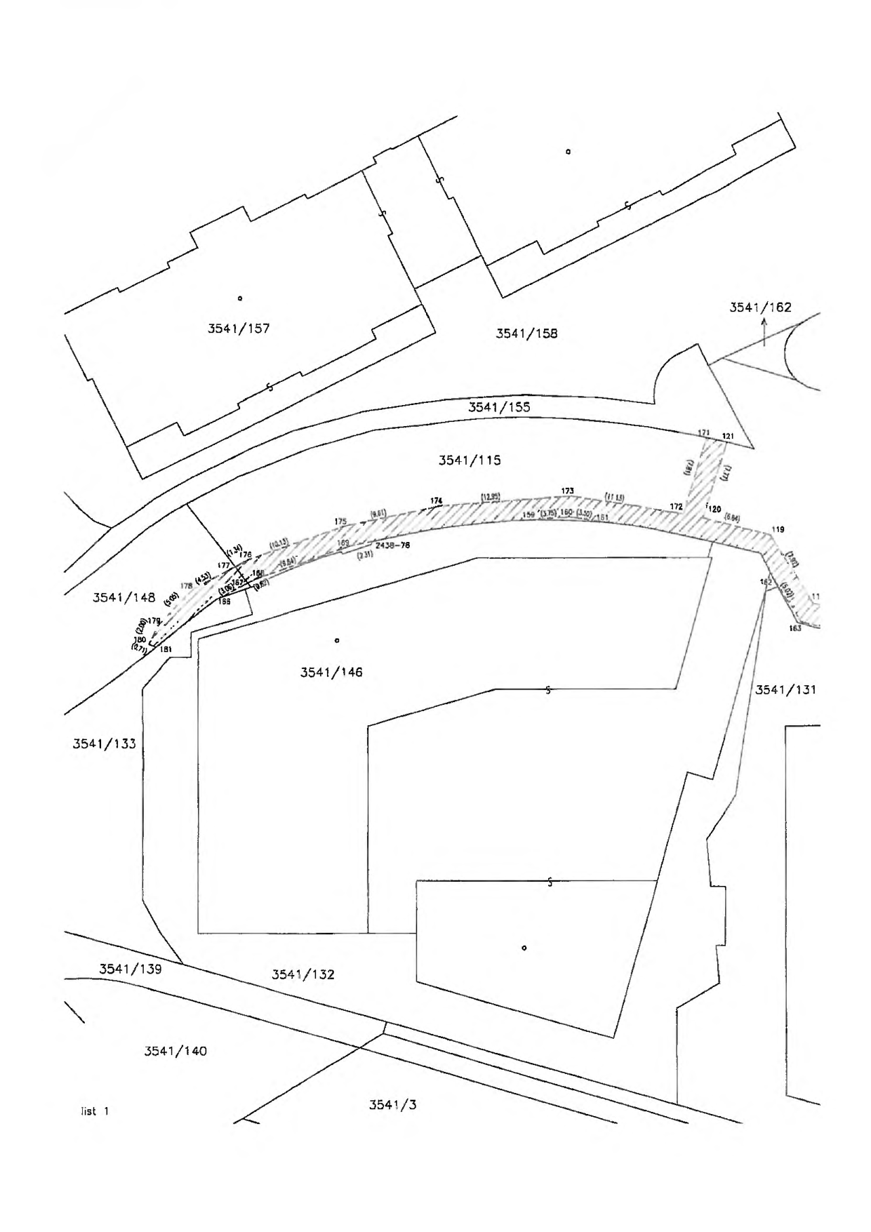 Katastrální situační výkres znázorňující parcely v dané lokalitě. Čísla parcel: 3541/157, 3541/158, 3541/162, 3541/155, 3541/115, 3541/148, 3541/146, 3541/133, 3541/139, 3541/132, 3541/140, 3541/3, 3541/131. V mapě je šrafovaně vyznačen pruh pozemku s body 171, 121, 120, 119, 163, 162, 159, 160, 181, 172, 173, 174, 175, 176, 177, 178, 179, 180. Uvedena jsou také čísla 2438-78 a text 'list 1'.