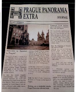 Naskenovaná titulní strana novin 'PRAGUE PANORAMA EXTRA JOURNAL' (02/2025 SUMMER). Obsahuje článek 'Welcome to Summer in Prague!' o letní atmosféře a památkách…