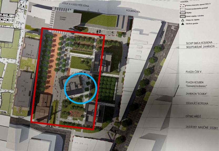 Koordinační situační výkres (architektonická studie) zástavby projektu ČEK V v Praze.