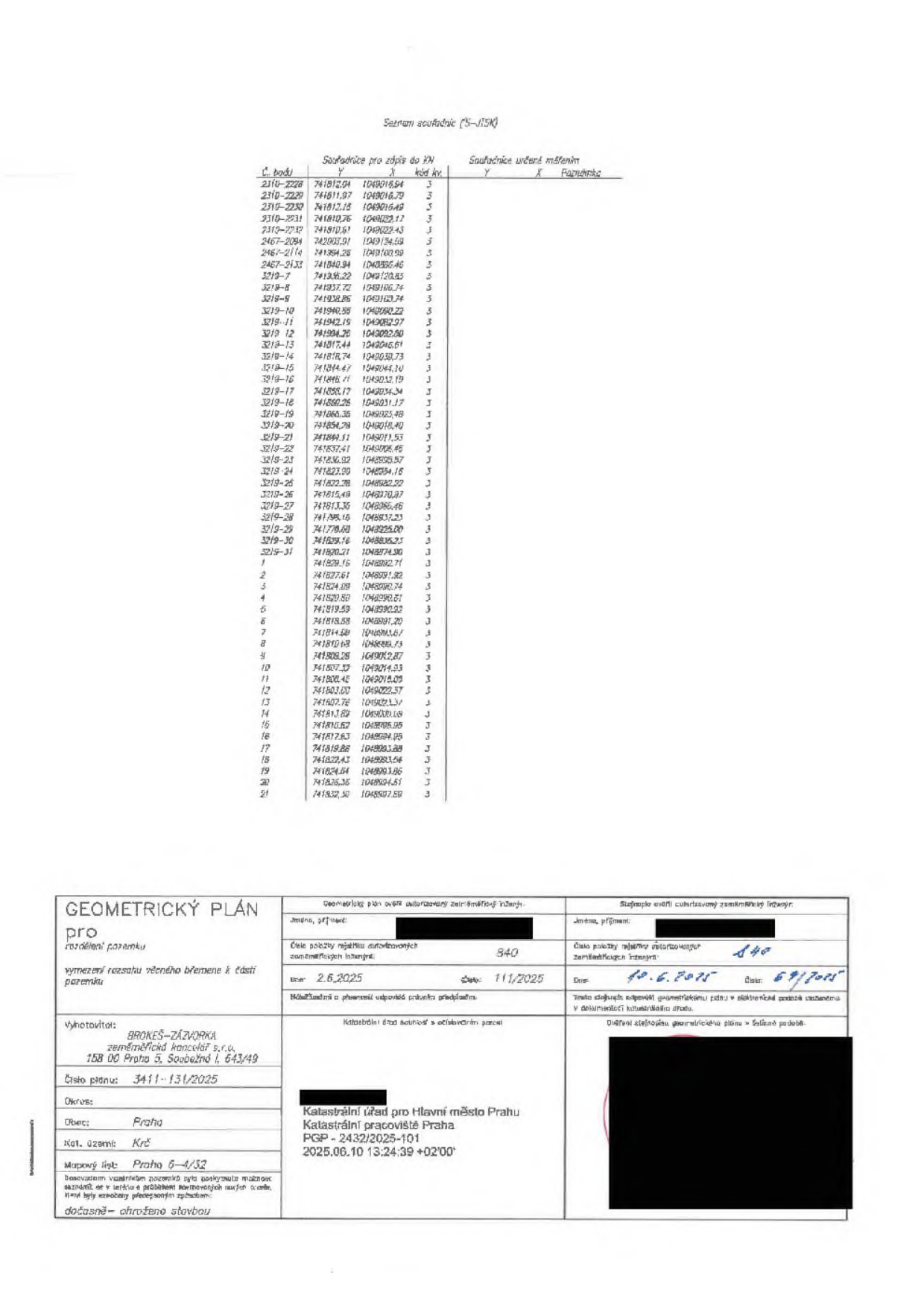 Geometrický plán pro rozdělení pozemku a vymezení rozsahu věcného břemene k části pozemku. Vyhotovitel: BROKEŠ-ZÁZVORKA zeměměřická kancelář s.r.o., Praha 5. Číslo plánu: 3411-131/2025. Okres: Praha, Obec: Praha, Kat. území: Krč, Mapový list: Praha 6-4/32. Dokument obsahuje seznam souřadnic (S-JTSK) pro body 2310-2228 až 21. Datum vyhotovení: 2.6.2025, číslo 111/2025. Ověřeno úředně oprávněným zeměměřickým inženýrem dne 10.6.2025, číslo 69/2025. Katastrální úřad pro hlavní město Prahu, Katastrální pracoviště Praha, PGP-2432/2025-101, 2025.06.10 13:24:39 +02'00'. Poznámka: dočasně - ohroženo stavbou.