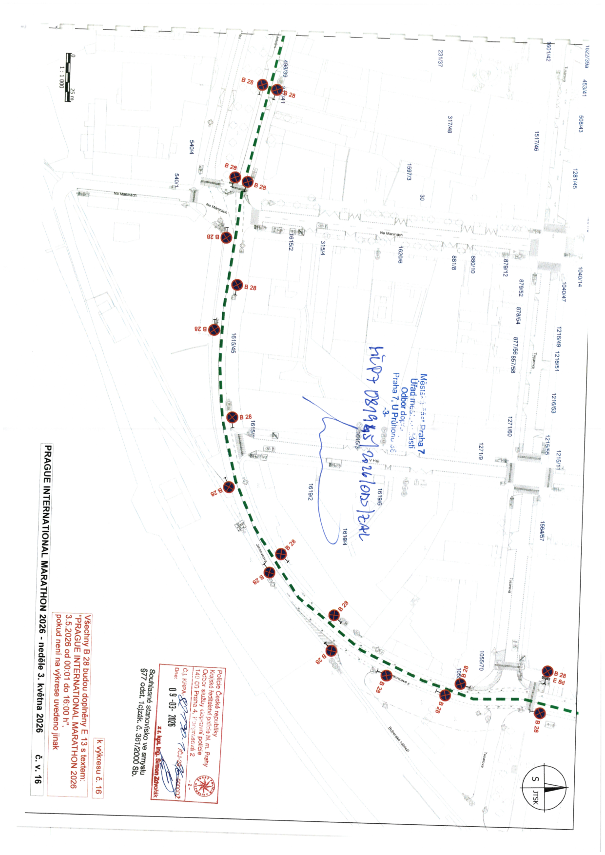 Situační nákres dopravního značení pro akci Prague International Marathon 2026 s vyznačením umístění zákazových značek B 28.