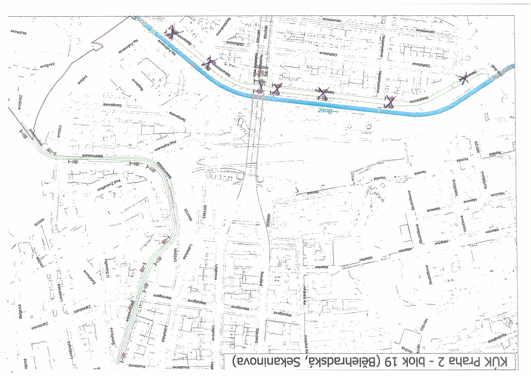 Situační nákres územního plánu nebo projektu v ulici Bělehradská a Sekaninova v Praze 2.