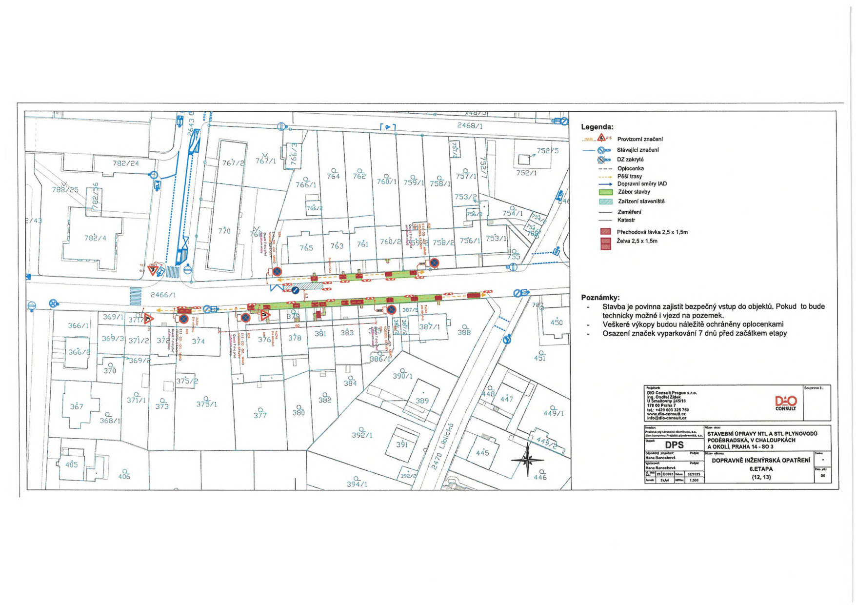Dopravně inženýrské opatření (situační plán) pro stavbu plynovodů v ulici Poděbradská.