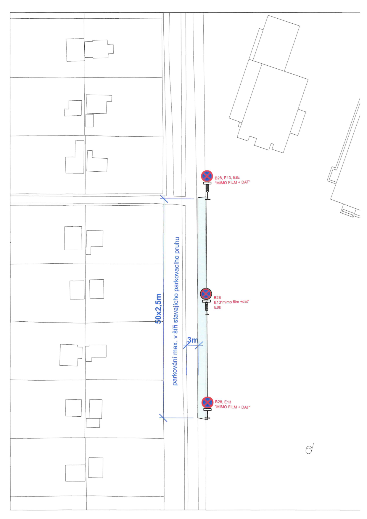 Situační nákres dopravního značení pro parkovací pruh. Obsahuje text: 'parkování max. v šíři stávajícího parkovacího pruhu', rozměry '50x2,5m' a '3m'. Značky jsou označeny kódy: horní 'B28, E13, E8c "MIMO FILM + DAT"', prostřední 'B28, E13 "mimo film +dat" E8b', dolní 'B28, E13 "MIMO FILM + DAT"'.