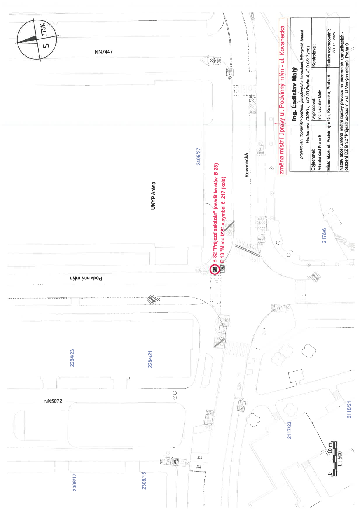 Situační nákres dopravního značení v ulici Podvinný mlýn a Kovanecká.